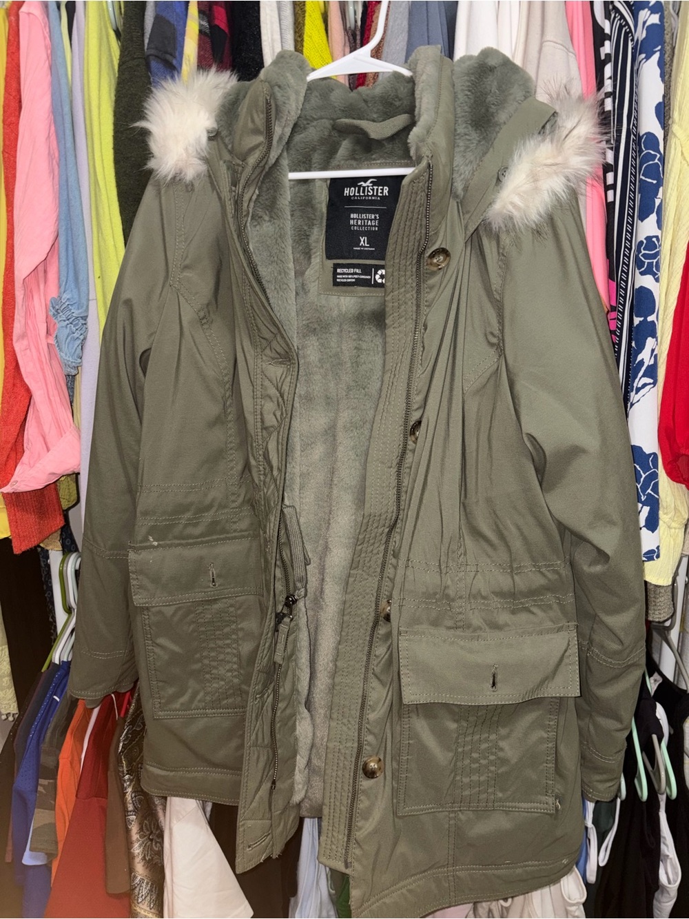 Hollister Olive Green Faux-Fur Trim Utility Parka Jacket